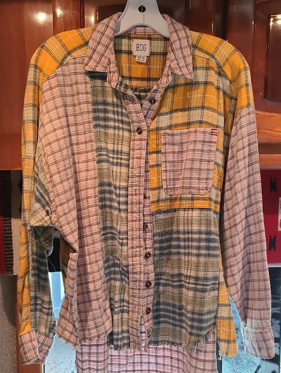 BDG Tops - BDG Patchwork Plaid Button-Up Shirt in Yellow, Pink & Green